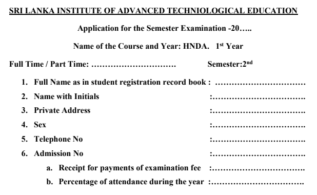 SLIATE HNDA Year 1–4 Semester 2 Exam Application Forms